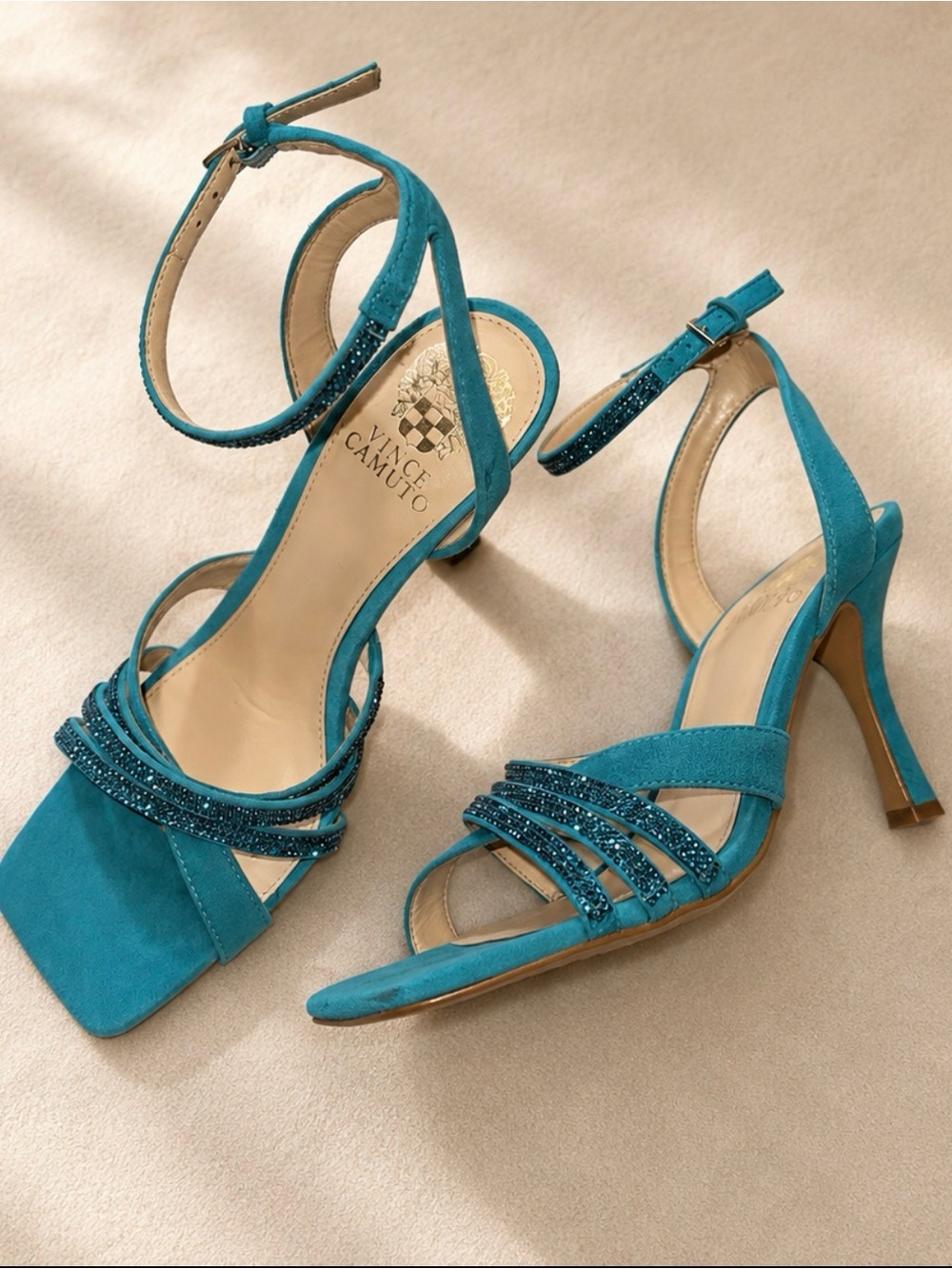 Vince Camuto Brevern Turquoise Rhinestone Heeled Sandals Size 7.5